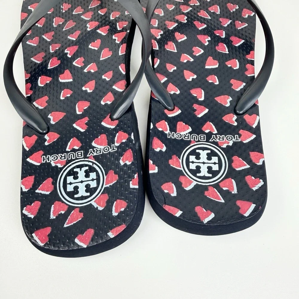 Tory Burch Heart Print Flip Flop Sandals Navy Pink Logo Womens Size 8